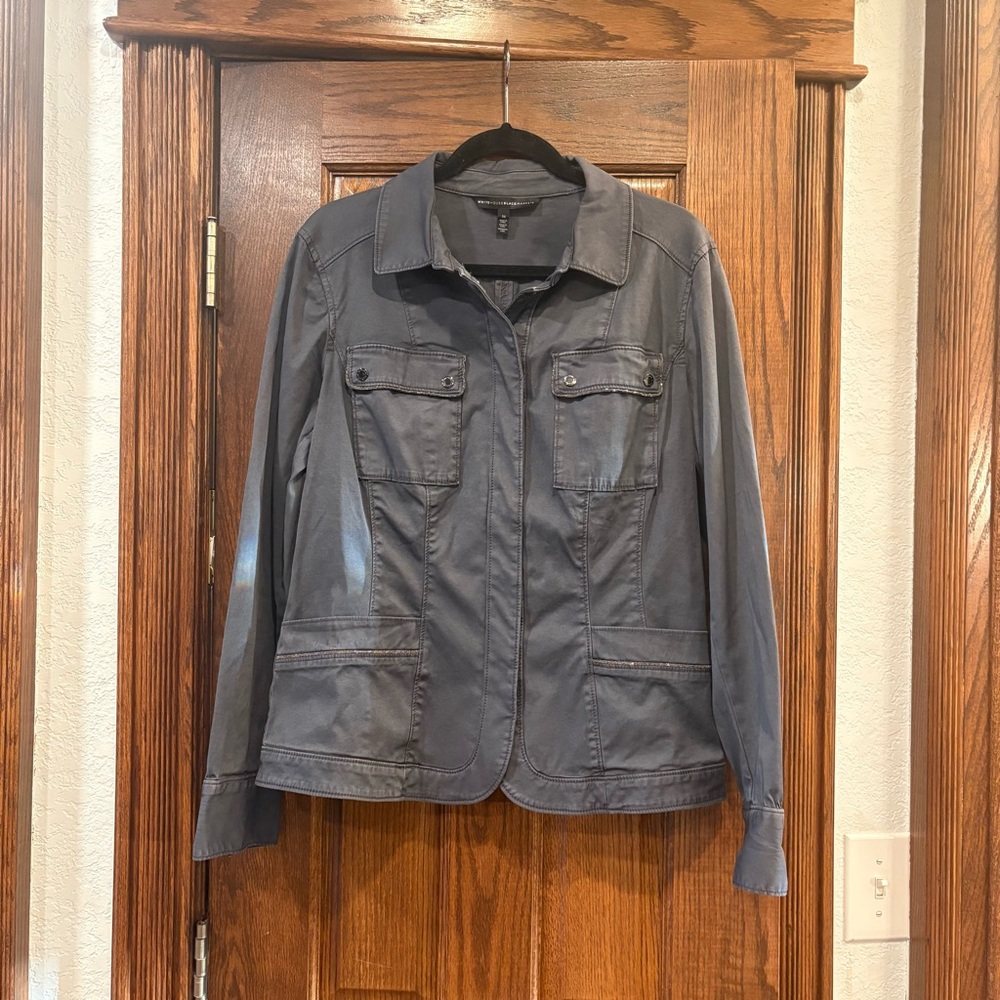 WHBM $160 Metallic Trim Utility Jacket 14 Slate Blue Stretch like new - Picture 2 of 12